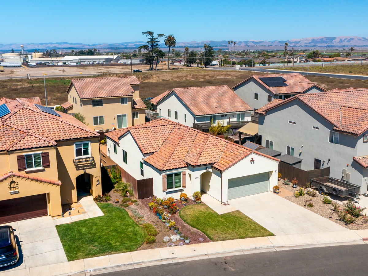 Aerial view of a single-storey home in Guadalupe, California at golden hour